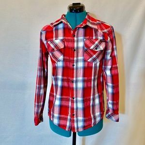 Plaid western holiday Christmas buttoned down boys red shirt large